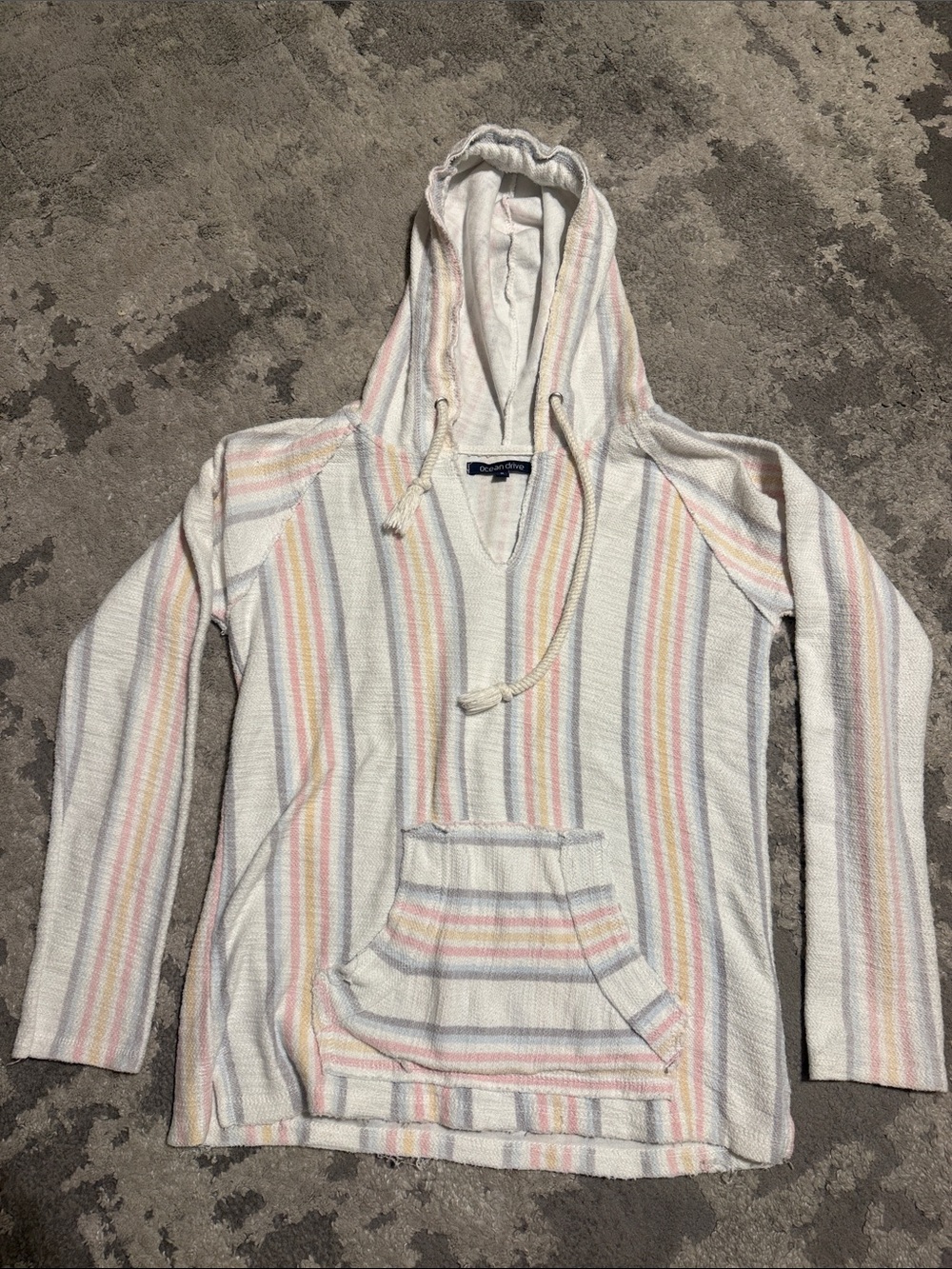 Ocean Drive Cream Striped Hoodie with Pastel Pink, Yellow & Blue